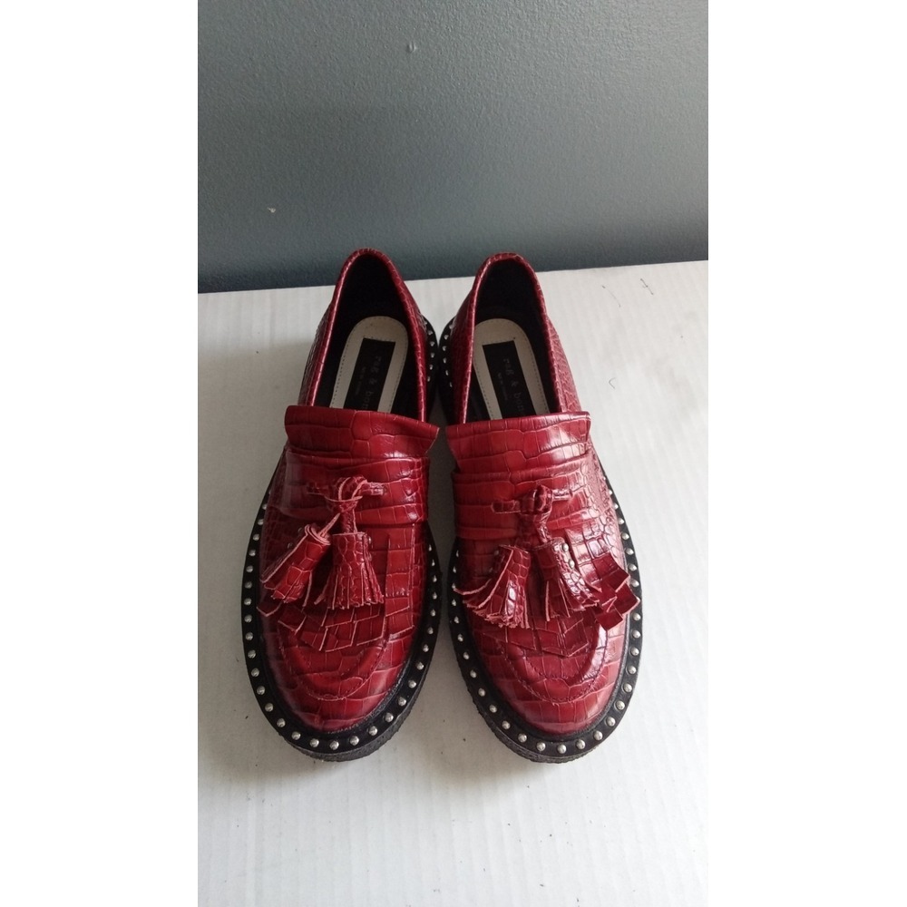 Rag & Bone Red Croc Embossed Leather Tassel Creeper Loafers Studded‎ Platform
